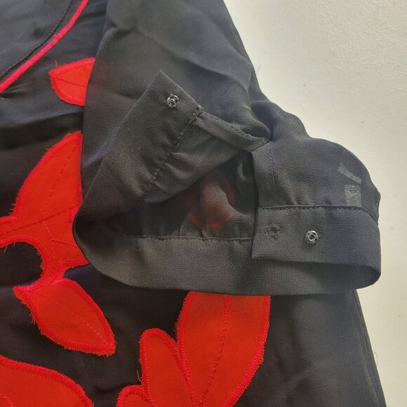Daforlyn 100% Silk Mini Dress Size XS Black Red Floral Applique Semi Sheer Artsy - Picture 7 of 11